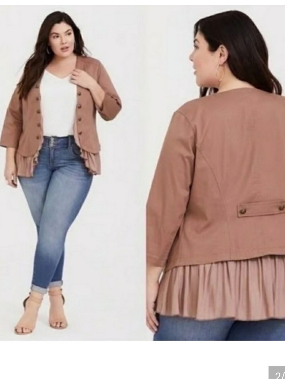 Torrid Taupe Boho Faux Jacket Tiered Ruffle Tunic Top Sz 1 / 1X